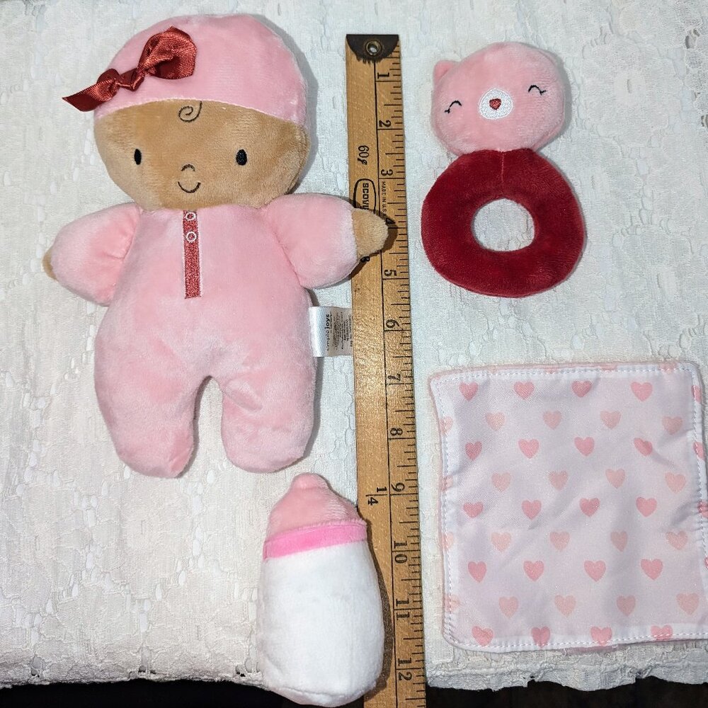 NWT Simple Joys by Carter's 4PC Baby Girls Plush Playset Doll & Rattle Pink/Red